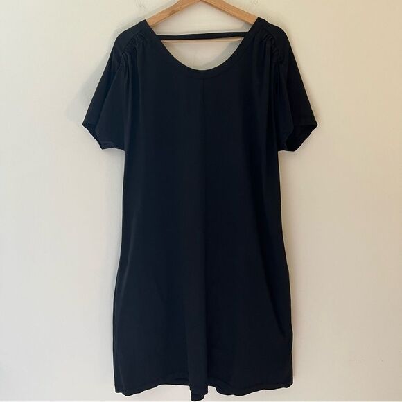 COS Black Dress A-Line Ruched Sleeve Back Detail Pockets Size Small Minimal Mod - Picture 3 of 8